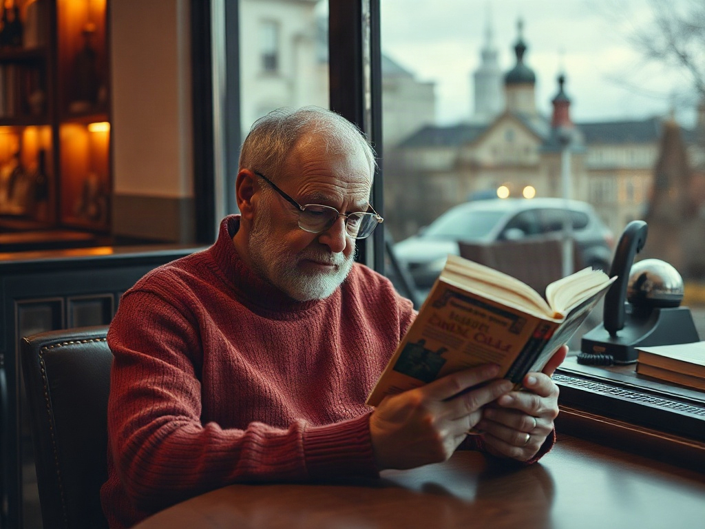 Пожилой мужчина в свитере читает книгу за столом в уютном кафе с окном. За ним виден городской пейзаж.