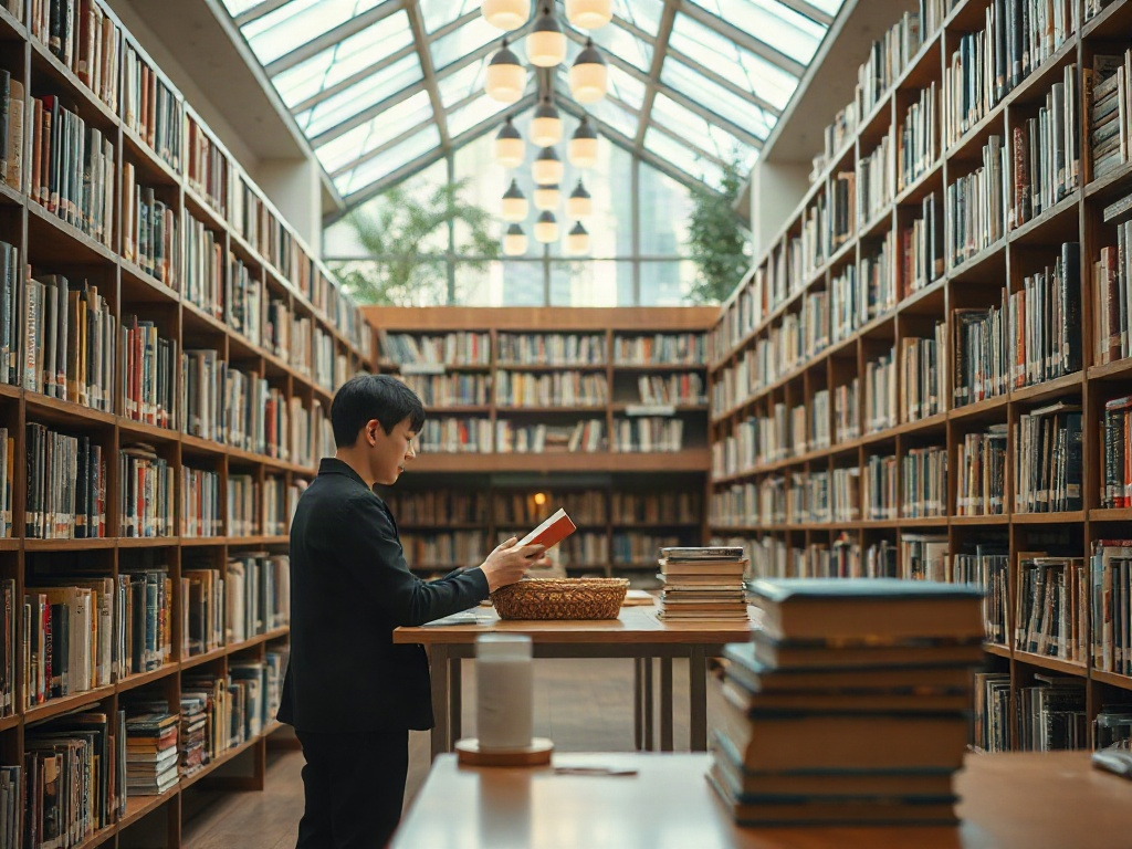 Молодой человек читает книгу в светлой библиотеке между стеллажами с книгами.